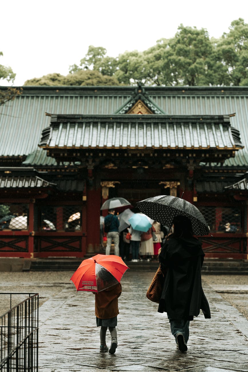people in japan walking under umbrellas